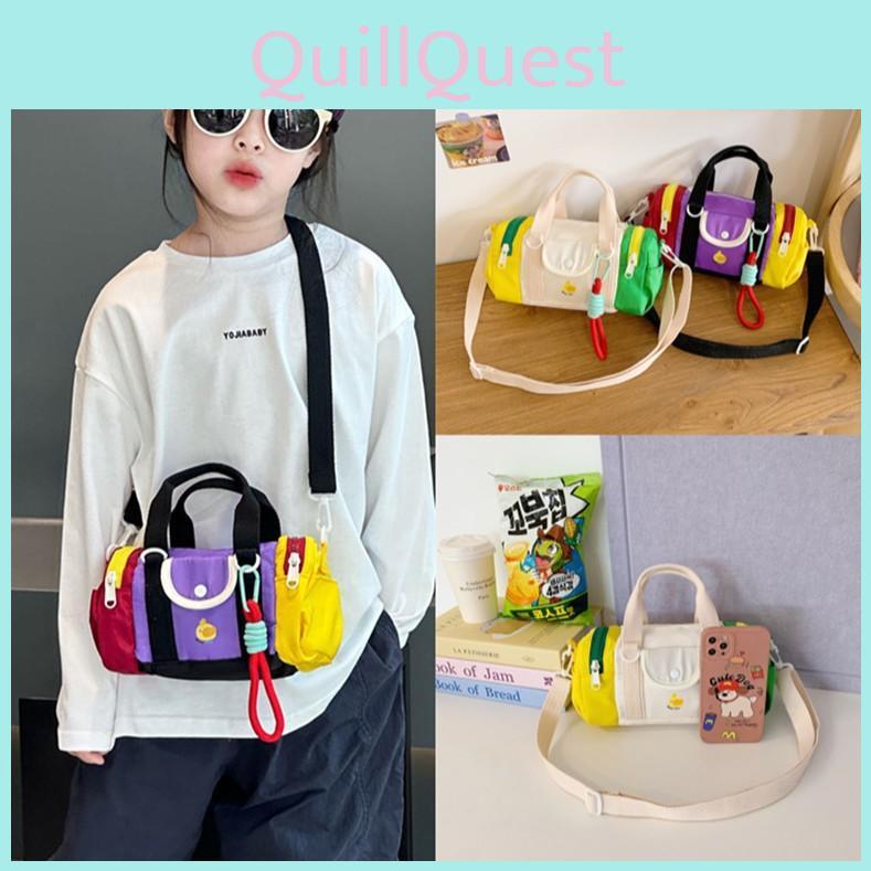 Blocking Color Design Kid Casual Single Shoulder Cylindrical Bag With Pendant