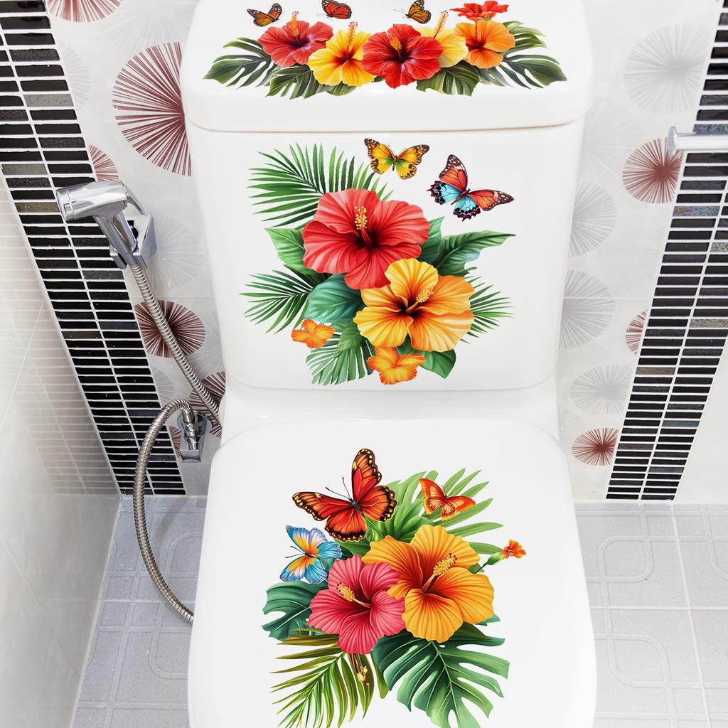 Tropical Floral Butterfly Toilet Stickers, Bathroom Decorative Stickers