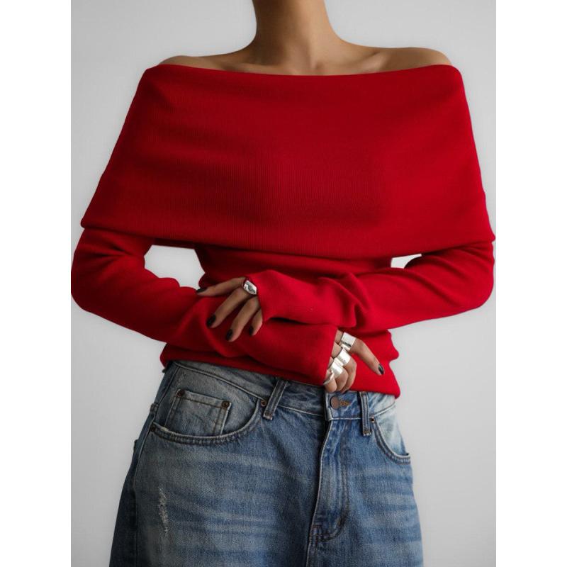 Tooxika Women's Autumn And Winter Long-sleeved Knitted Bottoming Shirt One Shoulder Sexy Slim Shoulder Top