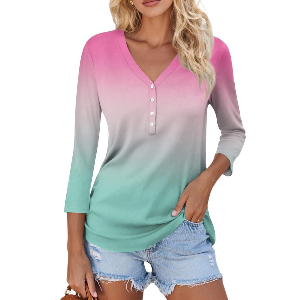 Women's Casual Fashion Sexy Comfortable V-neck Button Gradient Color Three-quarter Sleeve Top