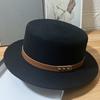 European and American Retro Belt Buckle Wool Felt Hat Women's Autumn and Winter Simple Flat Top Top Hat Western Versatile Basin Hat Fashion Hat