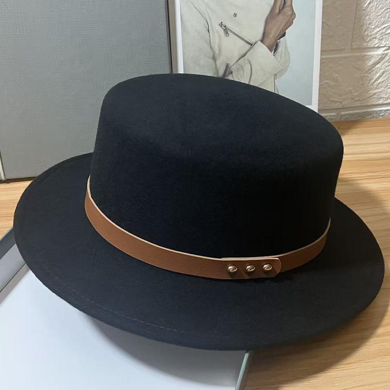 European and American Retro Belt Buckle Wool Felt Hat Women's Autumn and Winter Simple Flat Top Top Hat Western Versatile Basin Hat Fashion Hat