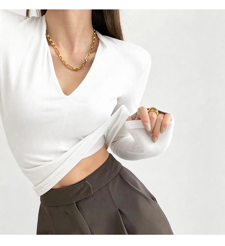 Würziges Mädchen Schlankmachendes V-Ausschnitt Langarm-Oberteil für Damen - Herbst/Winter-Kollektion 2025.
