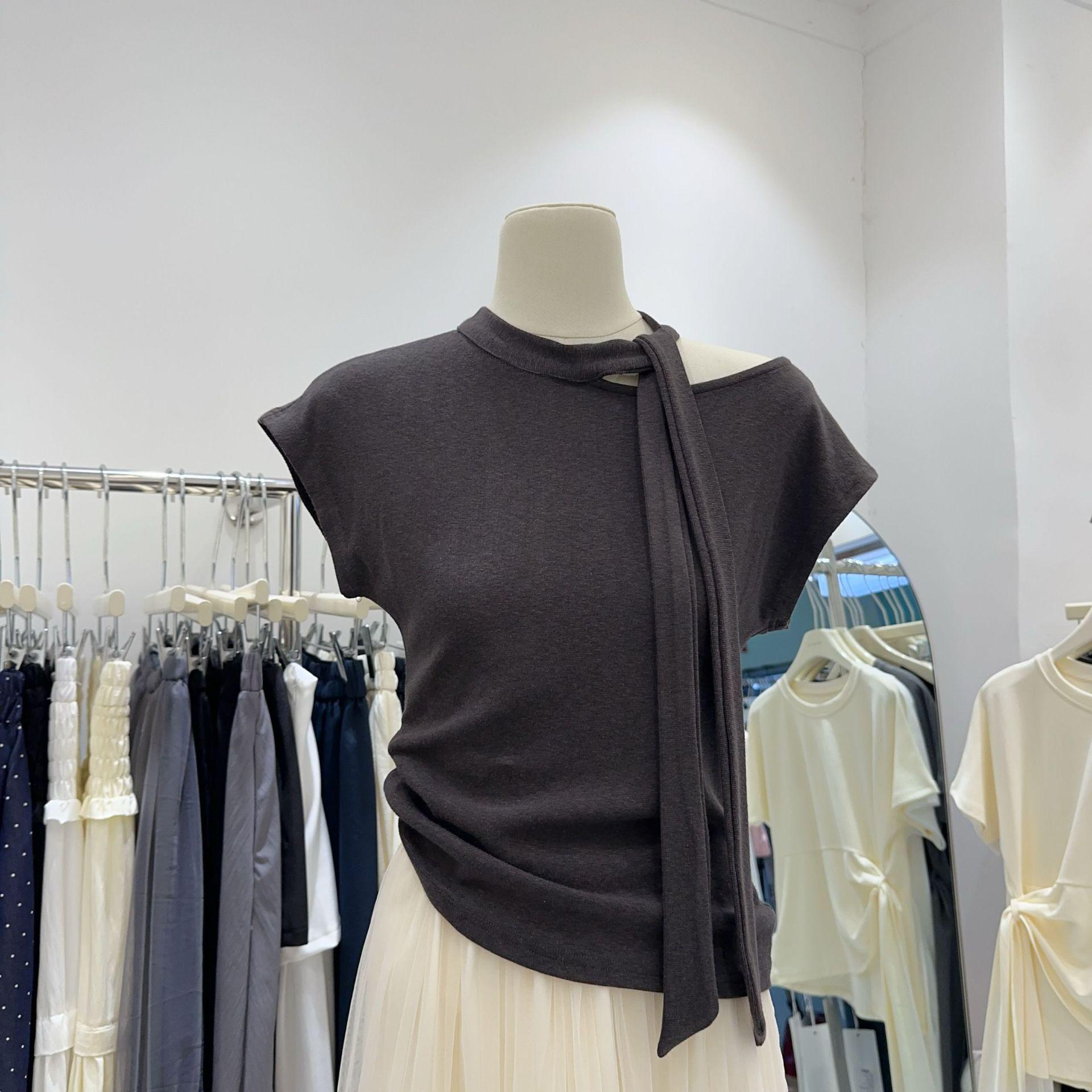 

Корейский стиль, приталенный, с вырезами, однотонный, с коротким рукавом, летний женский топ-майка с лентой, пуловер 2XL