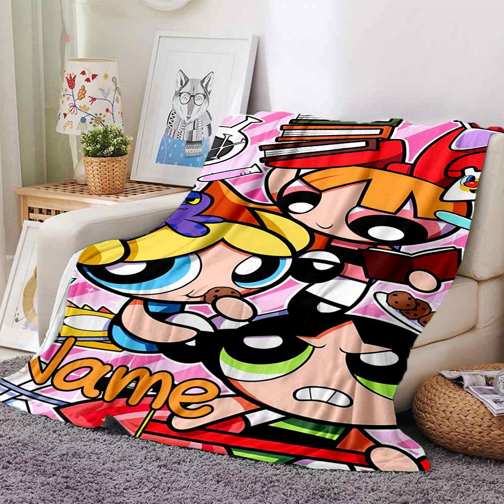 Custom Name Powerpuff Girls Adventure Flannel Blanket for Super Soft Cute Comfort Blanket for Travel Bedding Couch Sofa Blanket