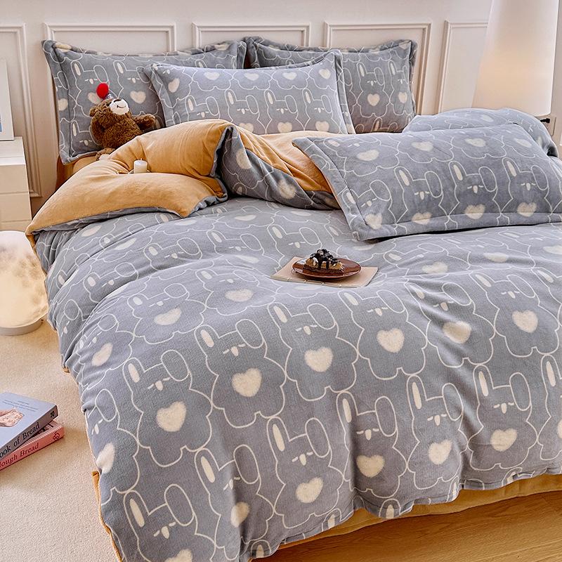 Thickened Milk Fleece Printing Four-Piece Set, Fleece Warm Coral Fleece Skin-Friendly Student Dormitory
