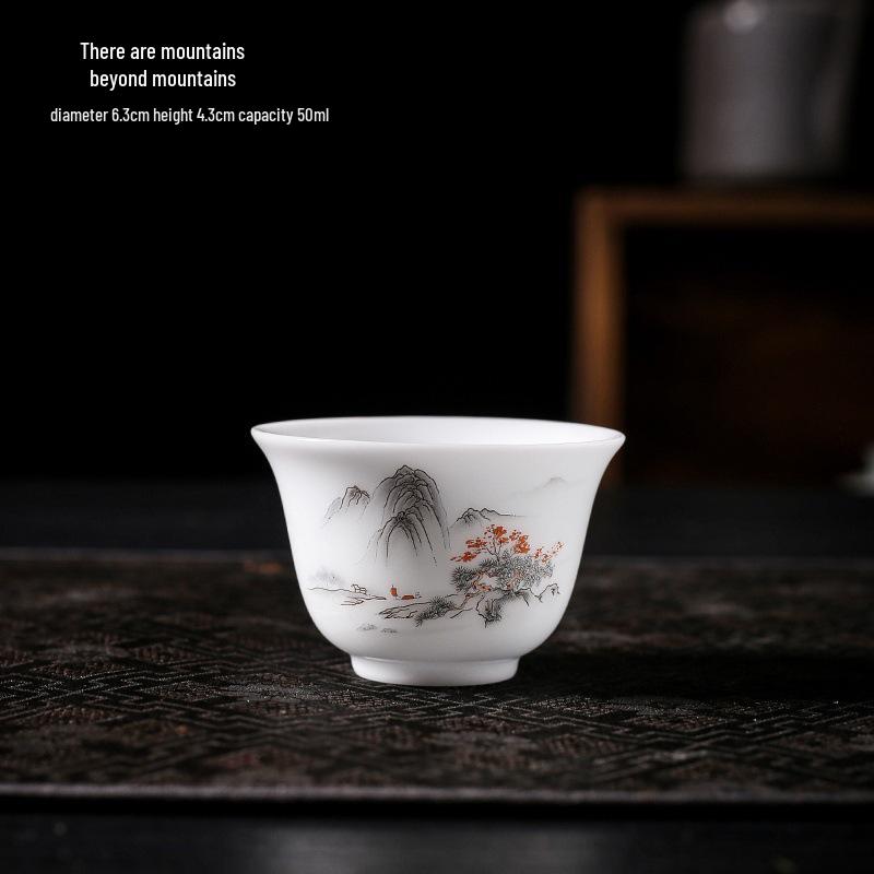 Hand-Painted Ceramic Landscape Teacup - Ice-Type Mutton Fat Jade Finish, Kung Fu Tea Set