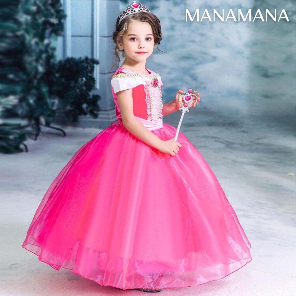 Prinzessin Kinder 120cm [MANAMANA] Kinderkleid, Kleid, Tiara, Stab, Handschuhe, 4-teiliges Kostüm, Rosa, Mädchen, 120,