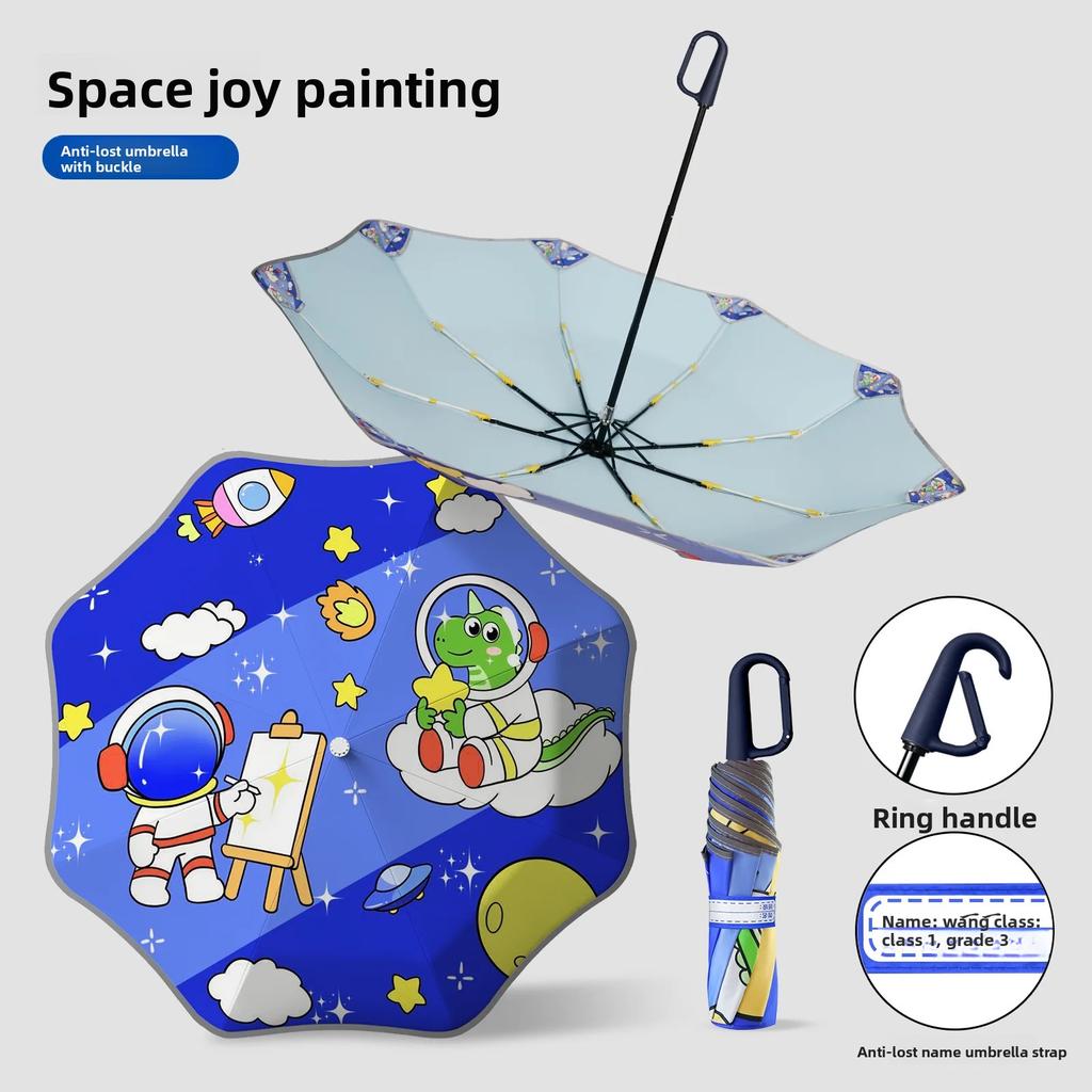 Cute Cartoon Pattern Kids Safety Umbrella UPF 50+ UV Sun Protection Windproof Parasol with Reflective Strip Portable Lightweight
