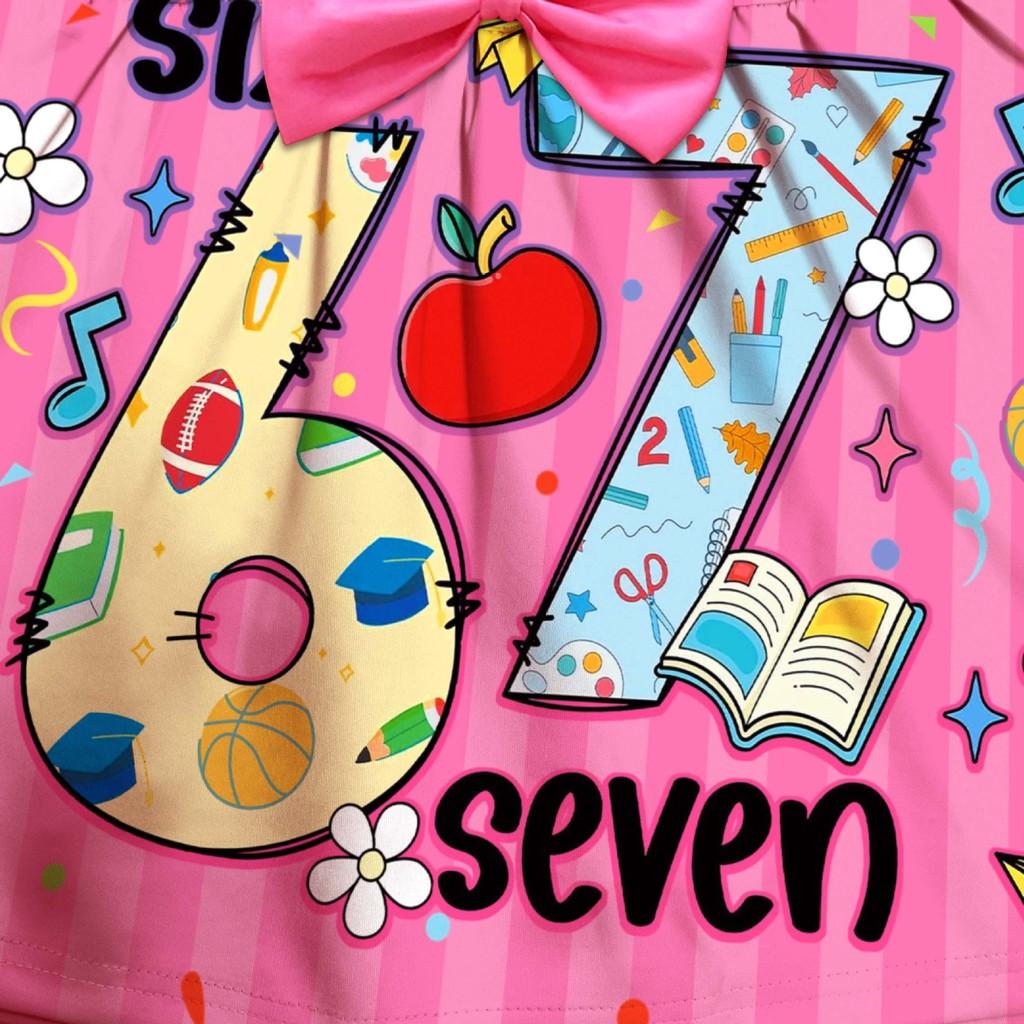 94238 Girls Steal A Brainrot 67 Printed Bow Party Sleeveless Princess Dress