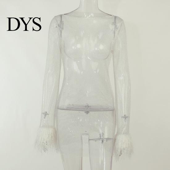 Sexy Evening Dress Glitter with Fur-Trimmed Cuffs Round Women Neckline Long Sleeves See-through Slim Fit