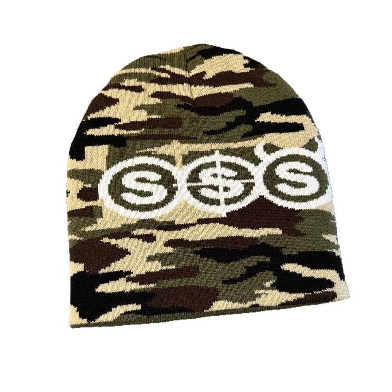 American Style Winter Knit Beanie Couples Streetwear Warm Cap With Letter Detail Unisex Camo Hat
