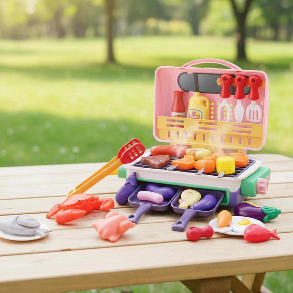 Kids Simulated Barbecue BBQ Grill Playset with Spray Light and Sound Pretend Play Kitchen Cooking Toy BBQ Educational Toys