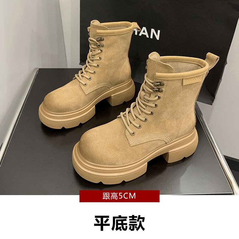 Leather Martin boots women's autumn cow suede retro women's short boots western big head medium boots increase height