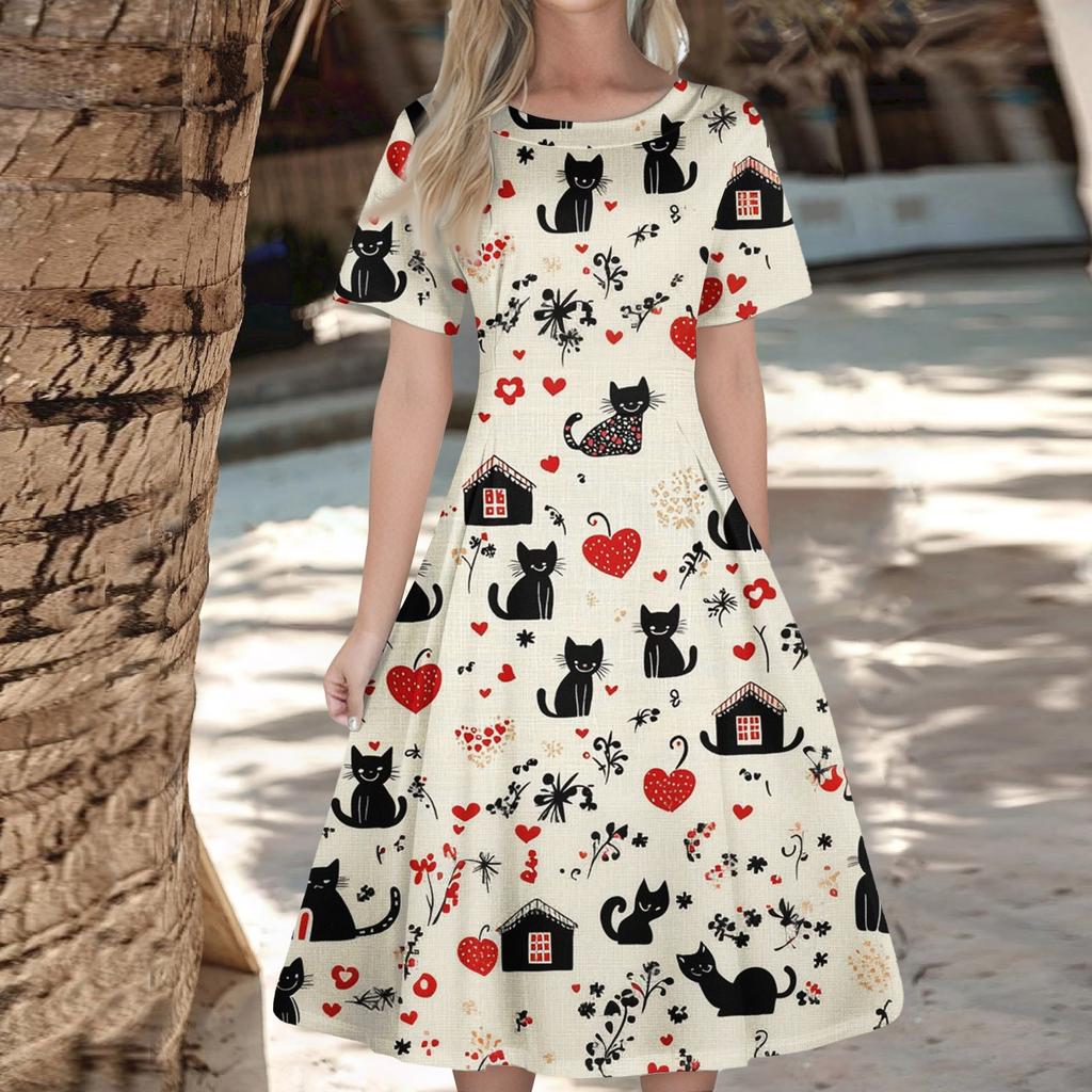 Women's Casual Fashion Dress Animal Floral Print Round Short Sleeve Waist Mid-Length Swing Dress (with Zipper)