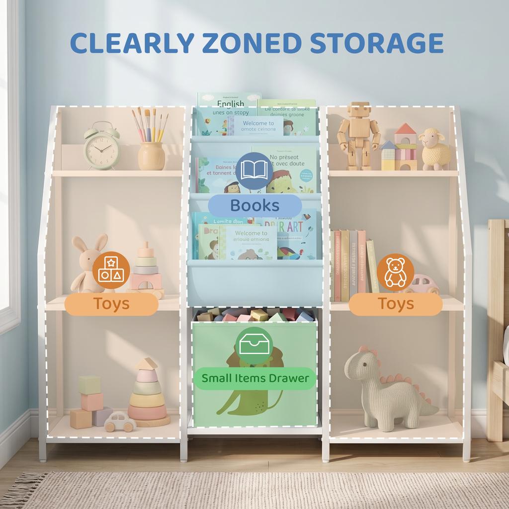 Kids Bookshelf and Toy Storage 3-Tier Sling Book Rack, White