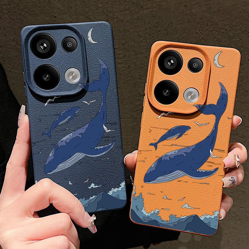 For Xiaomi 13T Pro Poco X7 X6 Redmi Note 14 13 12 11 Case Shell Whale Pattern TPU Leather Texture Matte Soft Shockproof Lens Protection Phone Cover