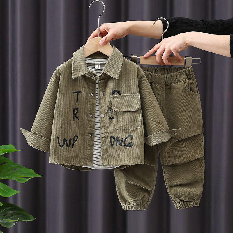 2024 Korean Style Toddler Letter Print Corduroy Sports Set - Spring/Autumn