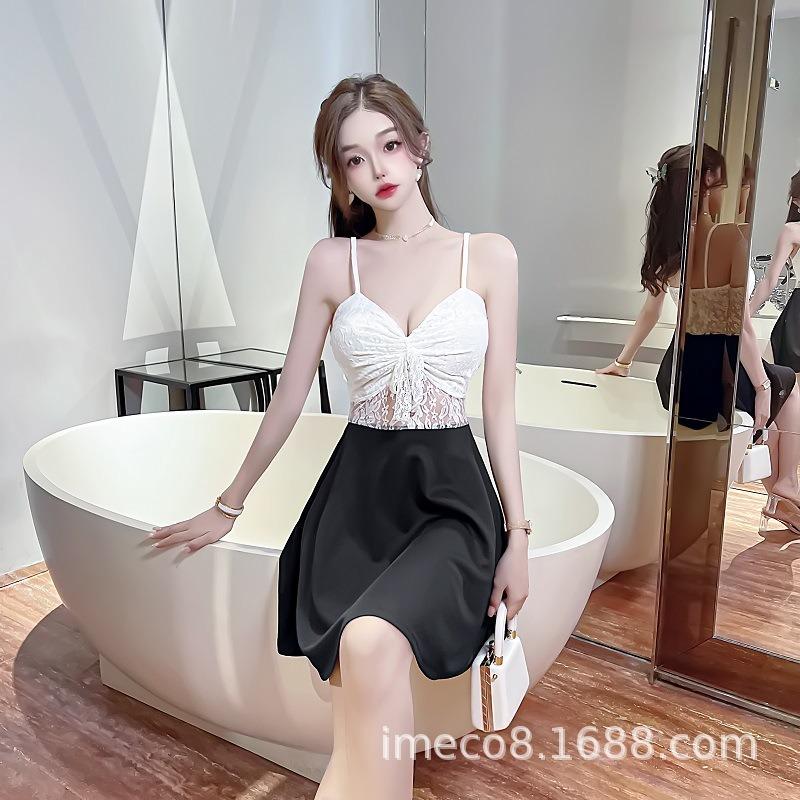 Night Club Women's Clothing Work Clothes Temperament Sexy Work Clothes Low-cut Lace Color Matching Pendulum Suspender Dress