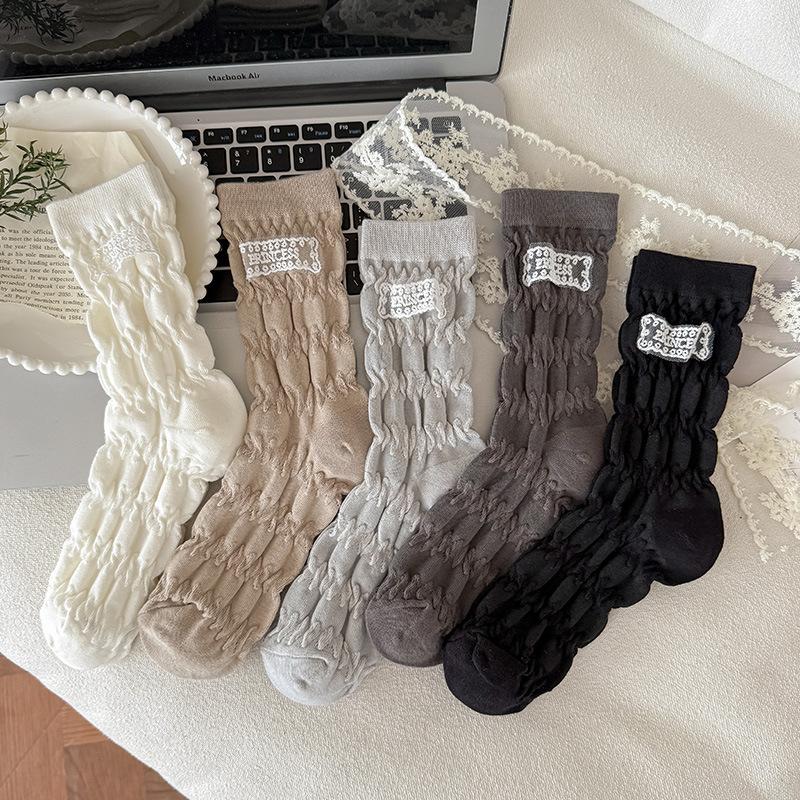 Female Spring and Autumn Pure Color Lace Cloth Standard Pleated Texture In The Tube Pile Socks