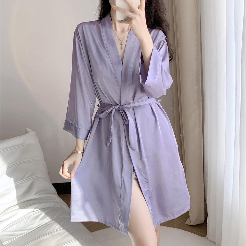 Women's Ice Silk Satin V-Neck Pajama Set - Three-Piece with Spaghetti Straps, Shorts, Robe, and Breast Pads