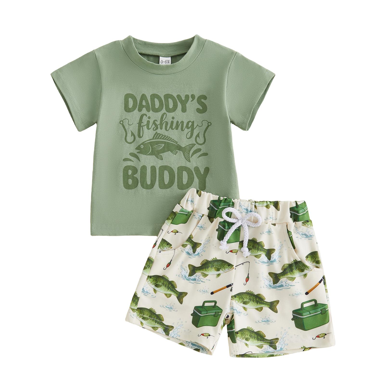 

Toddler Boy Summer Outfit Letter Print Short Sleeve Crew Neck T Shirt Fish Pattern Shorts 2 Piece Set 0-6M светло-зеленый