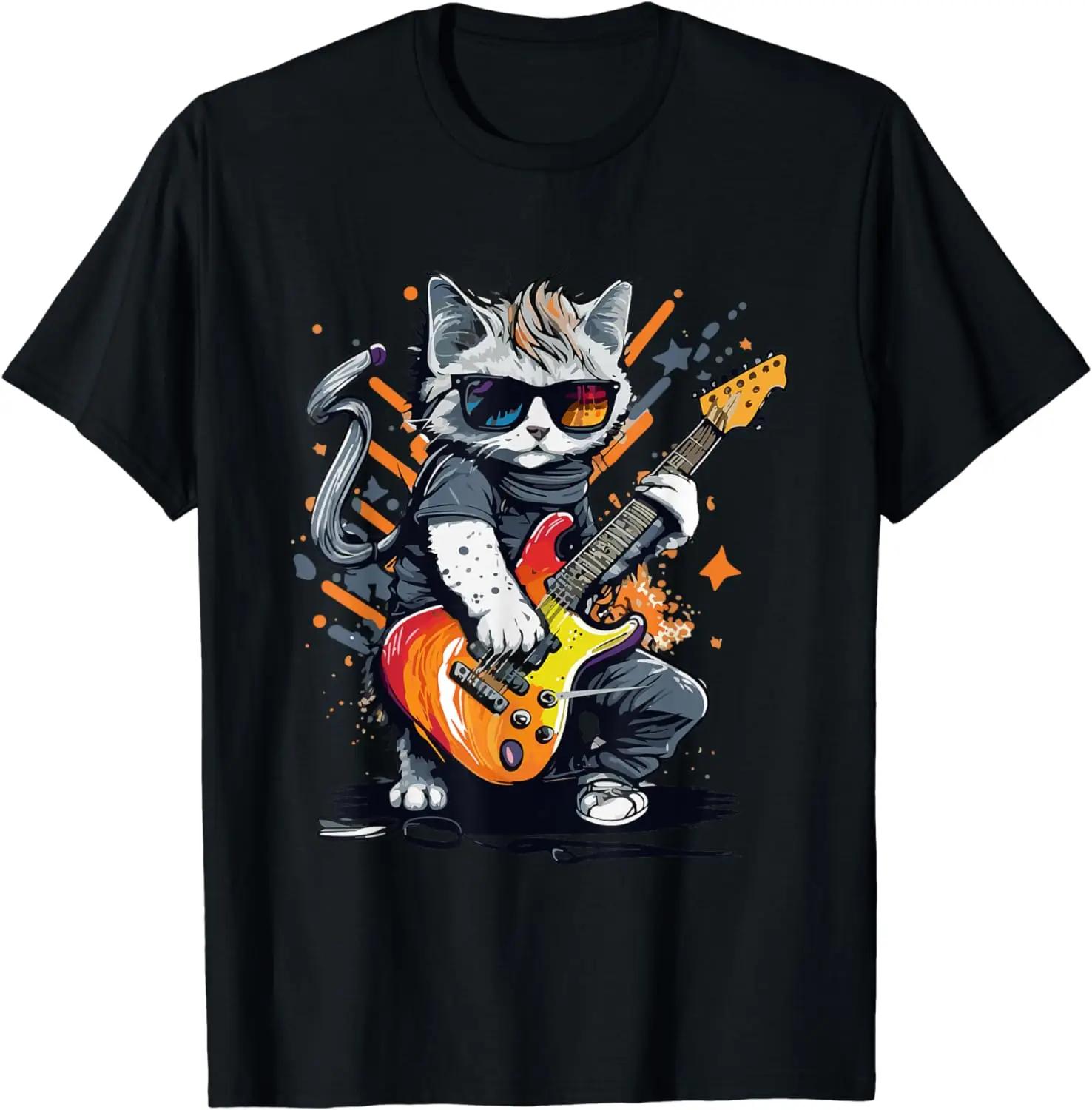 Rock Cat Playing Guitar Graphic Tee Cotton Casual TShirt for Unisex Women Music Festival S