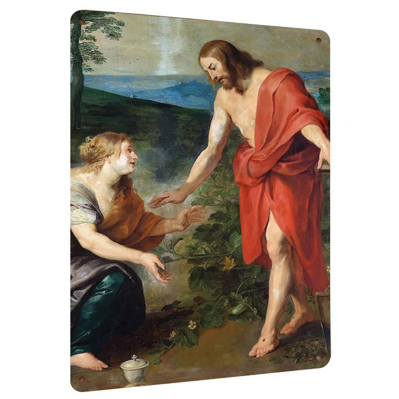 

Vintage Religious Oil Painting Style Metal Wall Art Jesus and Samaritan Woman Home Decor Mural 20x30cm（7.8x11.8inch）