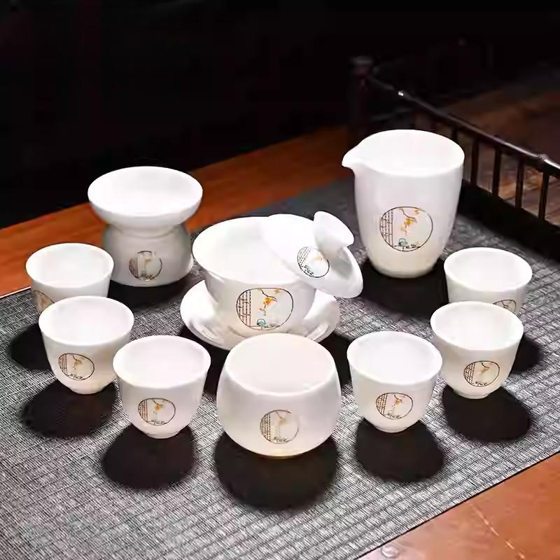Goat Jade Tea Set Kung Fu Set Chinese Light Luxury Tea Calendars Teacups Office White Porcelain Teapot Covered Bowl Set