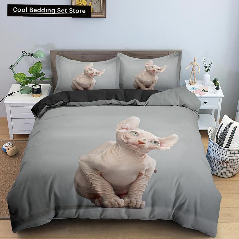 Sphynx Cat King Queen Duvet Cover Lovely Pet Kitty Bedding Set for Kids Teens Adults Animal Grey 2/3pcs Polyester Quilt Cover