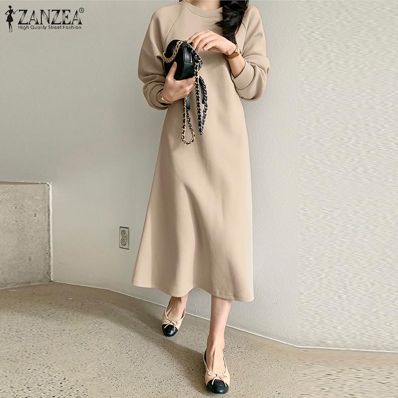 

ZANZEA Женское повседневное однотонное осеннее платье-пуловер с длинным рукавом и круглым вырезом