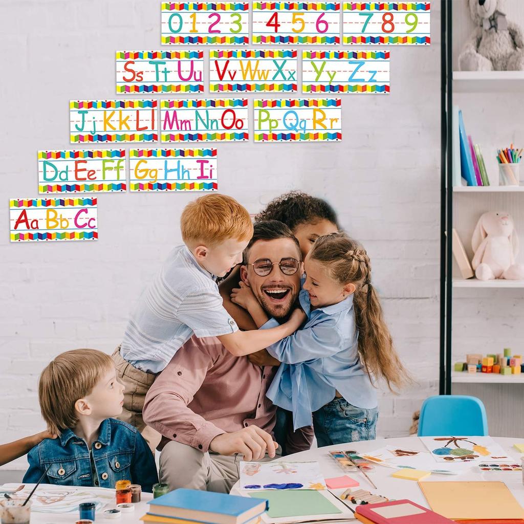 Outus 12 Pcs Alphabet Bulletin Board Strips Set Alphabet Line ABC Banner Number Line Border Posters for Classroom Wall Including Adhesive Dots for