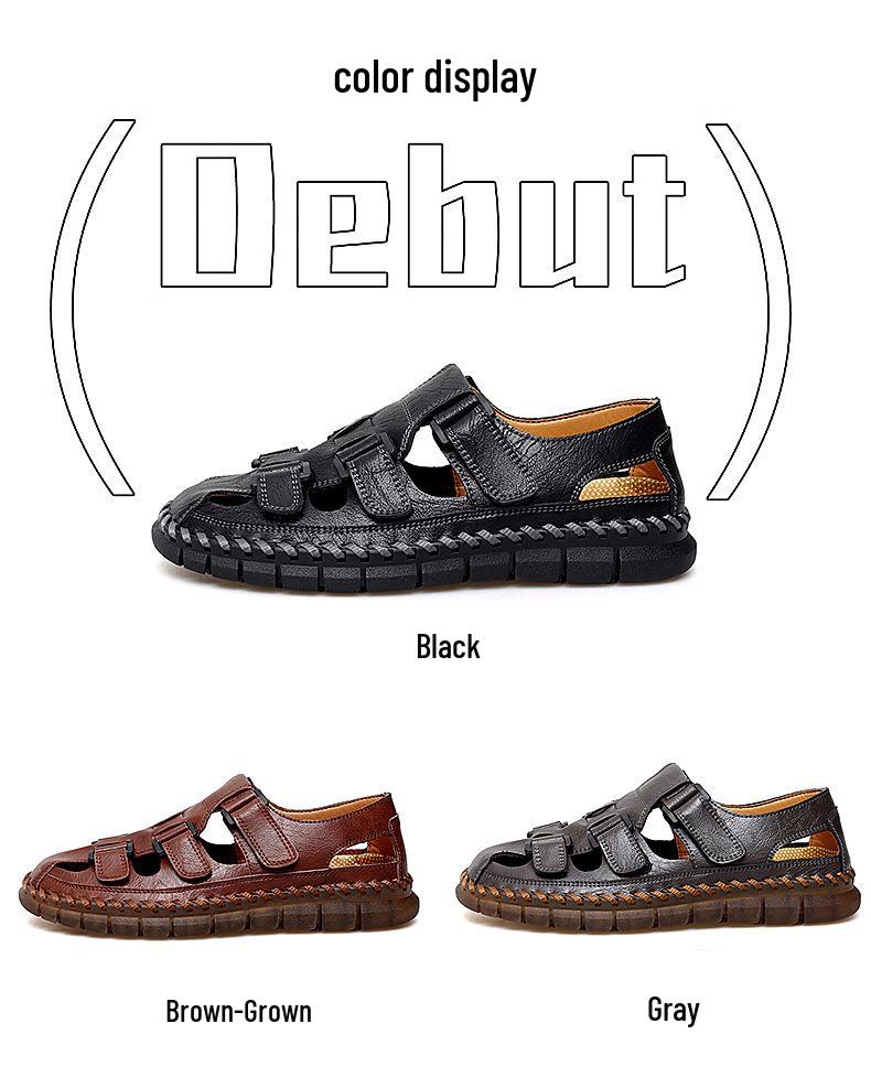 Men's Large Closed-Toe Handmade Leather Sandals, Breathable & Perforated for Beach