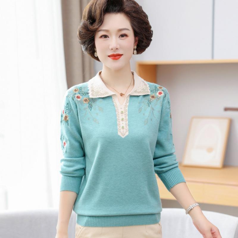 Mom Lapel Knitted Sweater Medium and Old Spring Long-sleeved Sweater Bottoming Shirt Middle-aged Women's New Thin Sweater