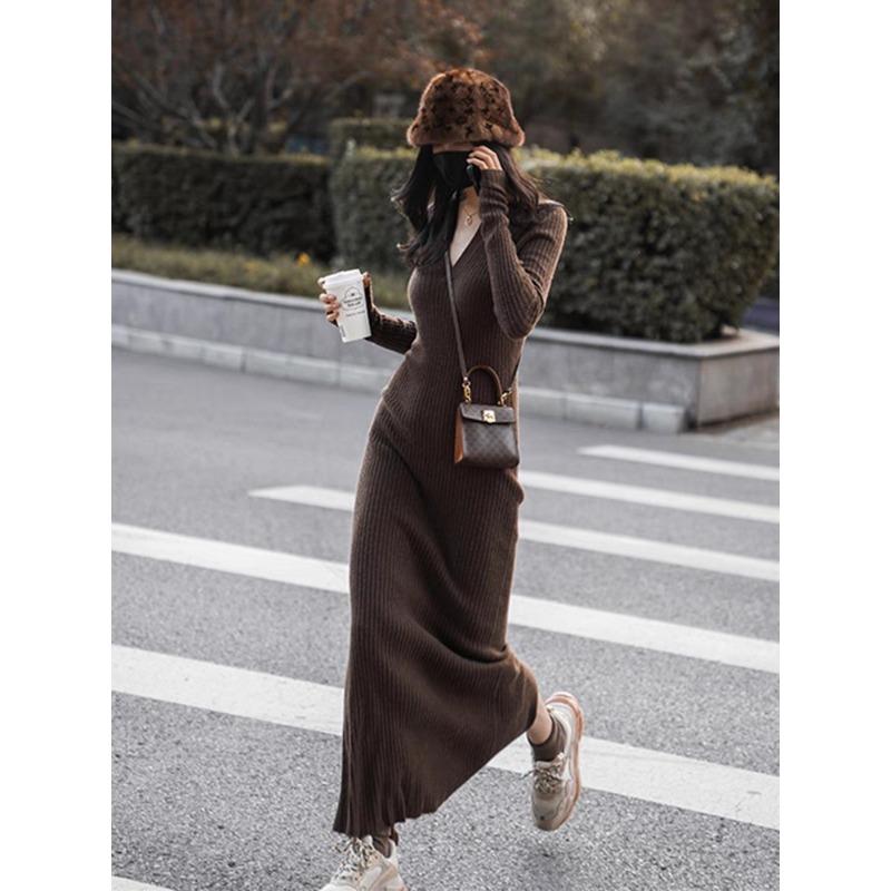 

Autumn retro sweater with long dress inside, cold and high-end knitted bottoming dress with coat S