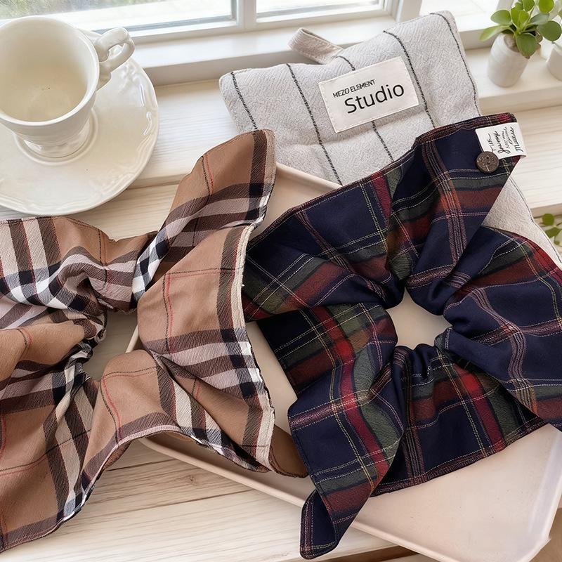 British College Plaid Hair Tie Scarf - Versatile Buttoned Square Fabric for Low Ponytail