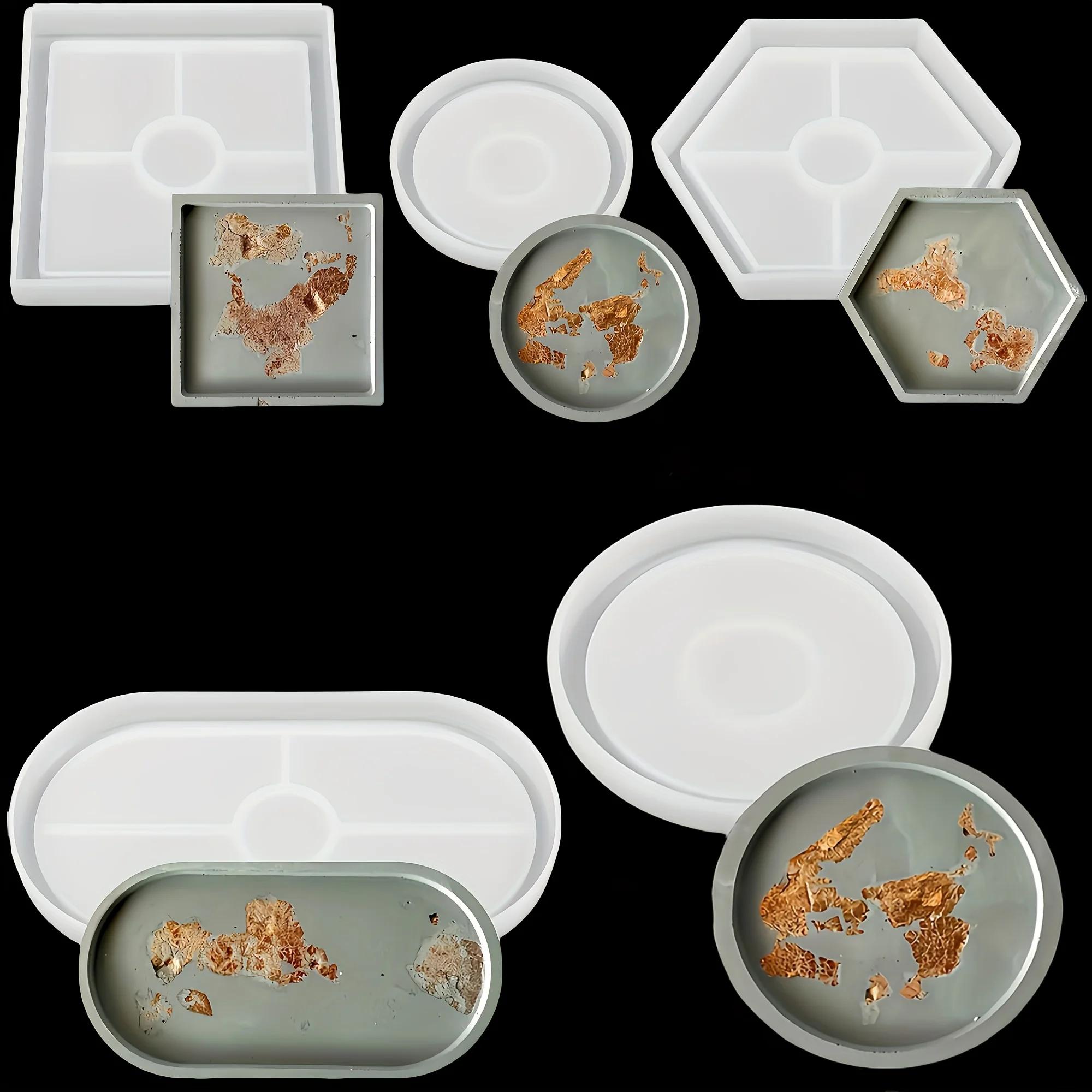 A Top Quality 5pcs Storage Tray Coaster Silicone Mold, Oval Circular, Hexagonal Tray Silicone Mold Used For Resin Gypsum Casting