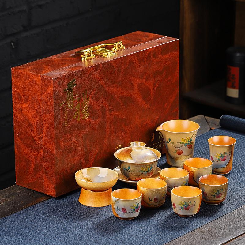 

Чайный сервиз из дровяного обжига, бытовая керамическая чаша с крышкой для кунг-фу, ретро чайная чашка, полный набор деловых подарков для клиентов