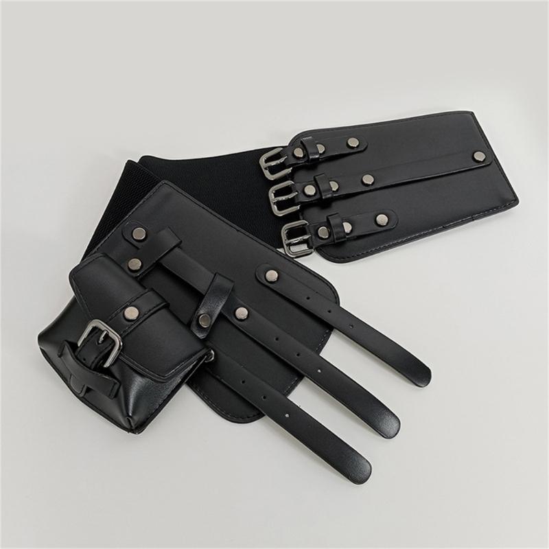 Triple Buckles Wide Waist Belt With Detachable Pouch For Women Girl Costume Accessories Corset Belt for Daily Formal