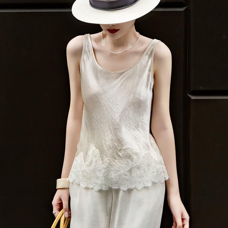 Women's Elegant 100% Acetate Lace Patchwork U-Neck Vest Top