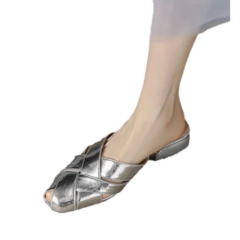 Summer Wear Inside and Outside Full Leather Square Head Cool Slippers French Bag Head Half Slippers Shoes