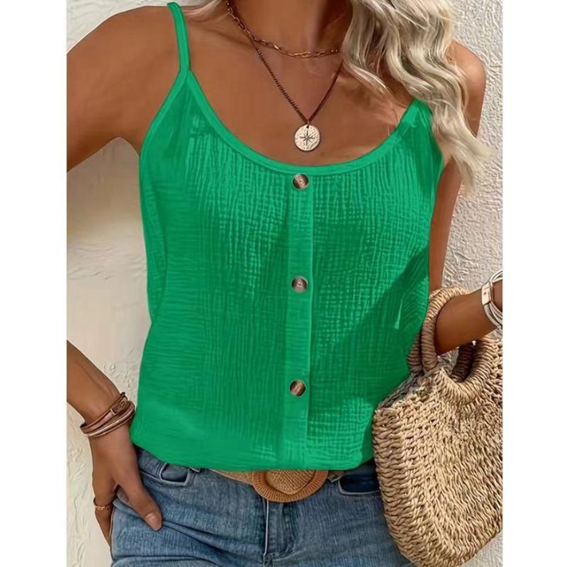 Women Scoop Neck Three Wooden Buttons Textured Sleeveless Loose Casual Top