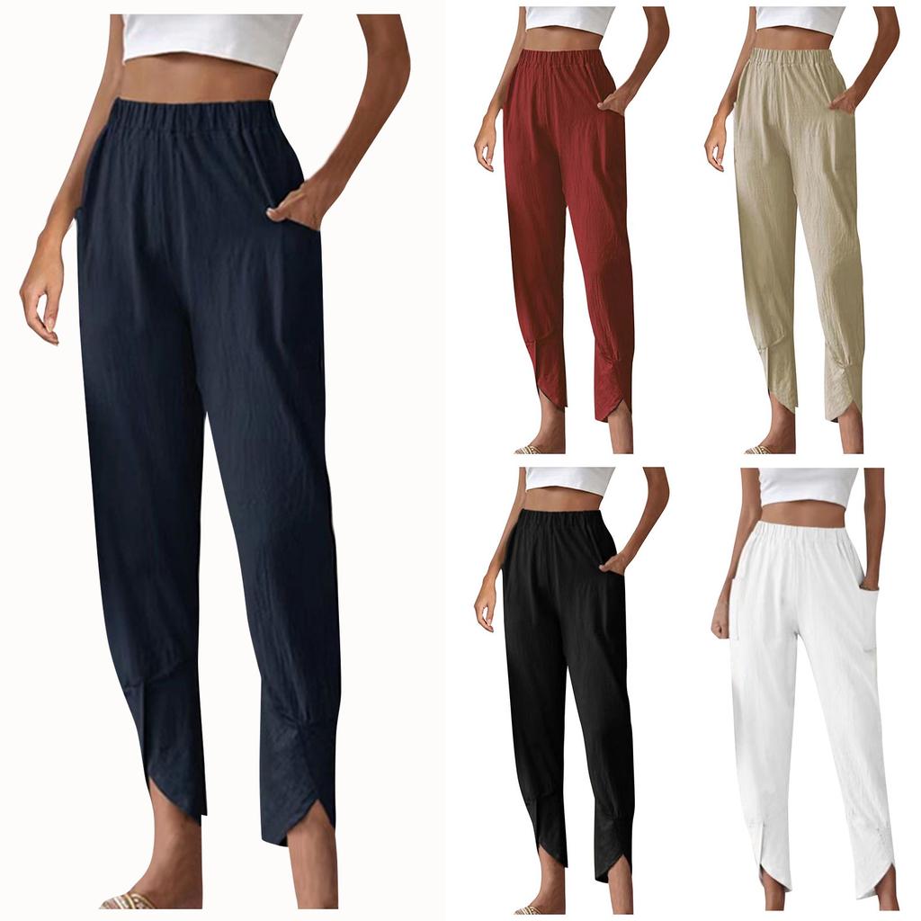 Women's Fashion Temperament Solid Color Casual Bunched Foot Pants Loose Pocket Cotton Hemp Cloth Small Foot Pants