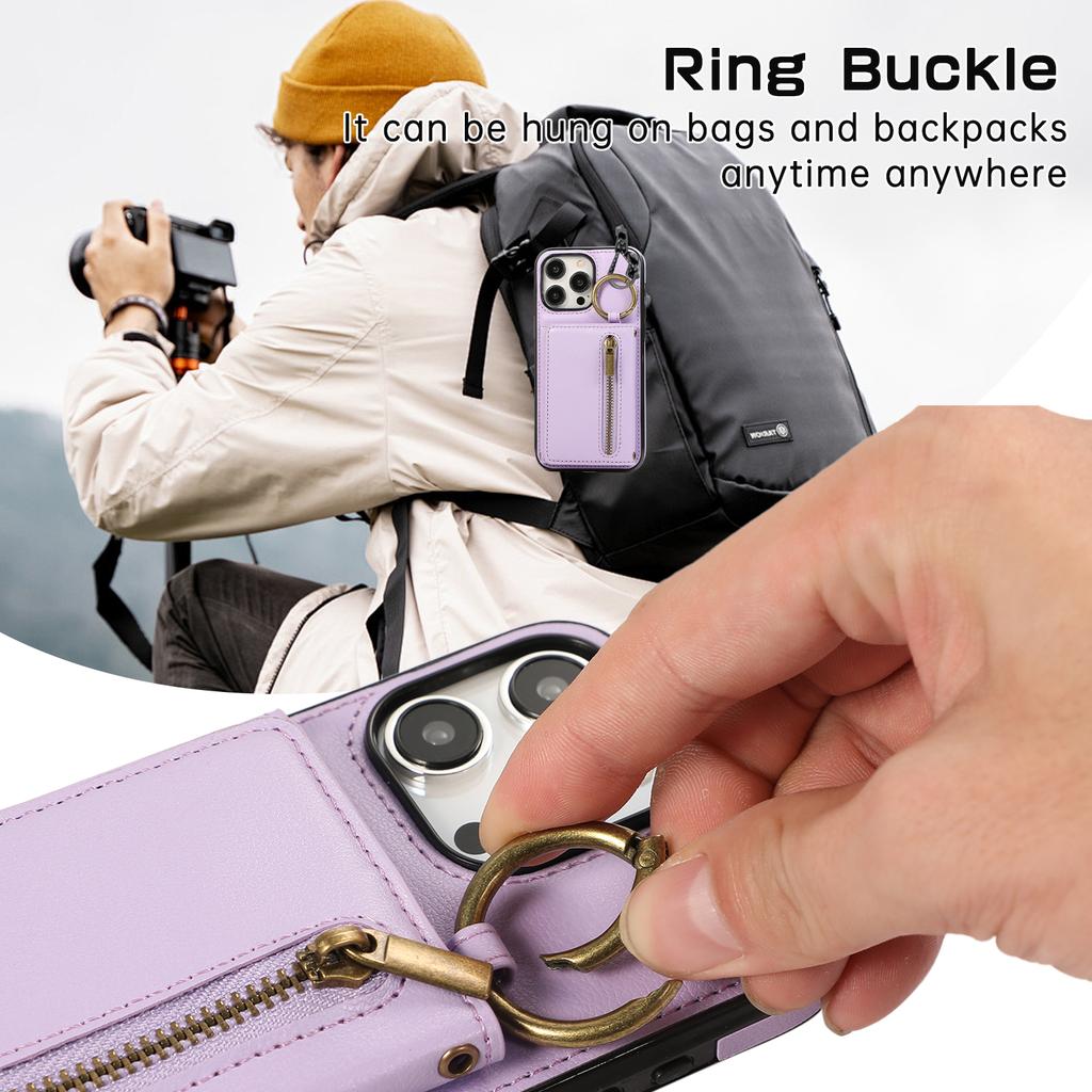 For iPhone 16 Pro Leather Back Cover Zipper Wallet Kickstand Phone Case with Shoulder Strap