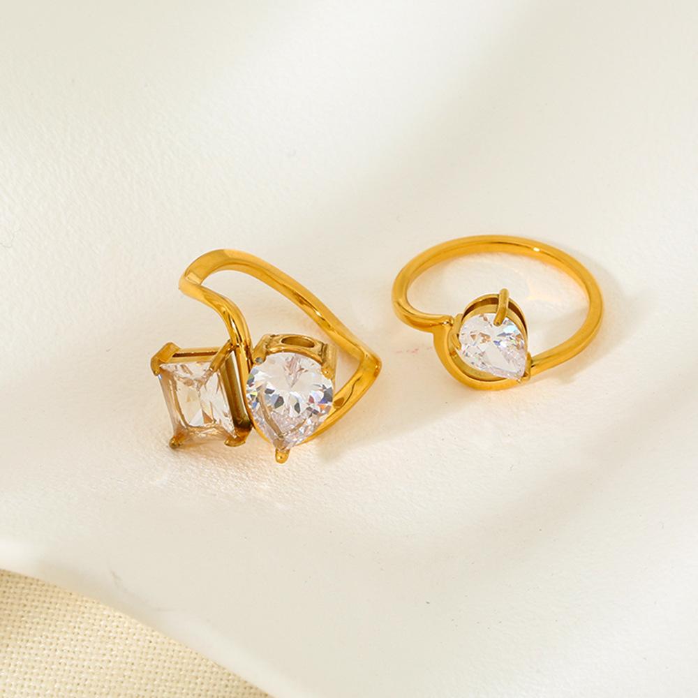 ins water drop square zircon irregular wave ring stainless steel 18K ring waterproof stacked jewelry women