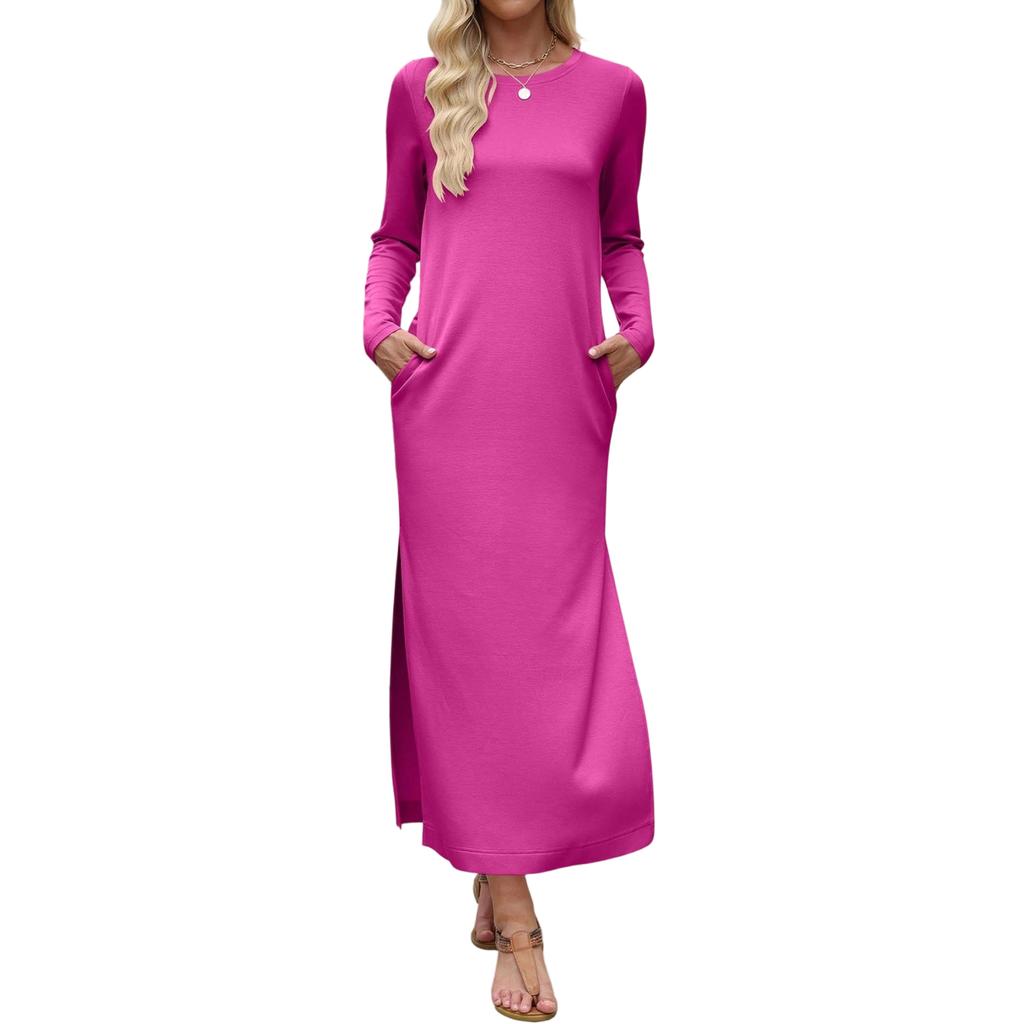 Women's Long Sleeve Solid Color Split Hem Maxi Dress with Double Pockets Straight Cut Casual Long Dress
