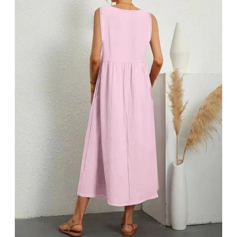 Fashionable Summer Temperament Women's Solid Color Cotton Linen Loose V-neck Dress