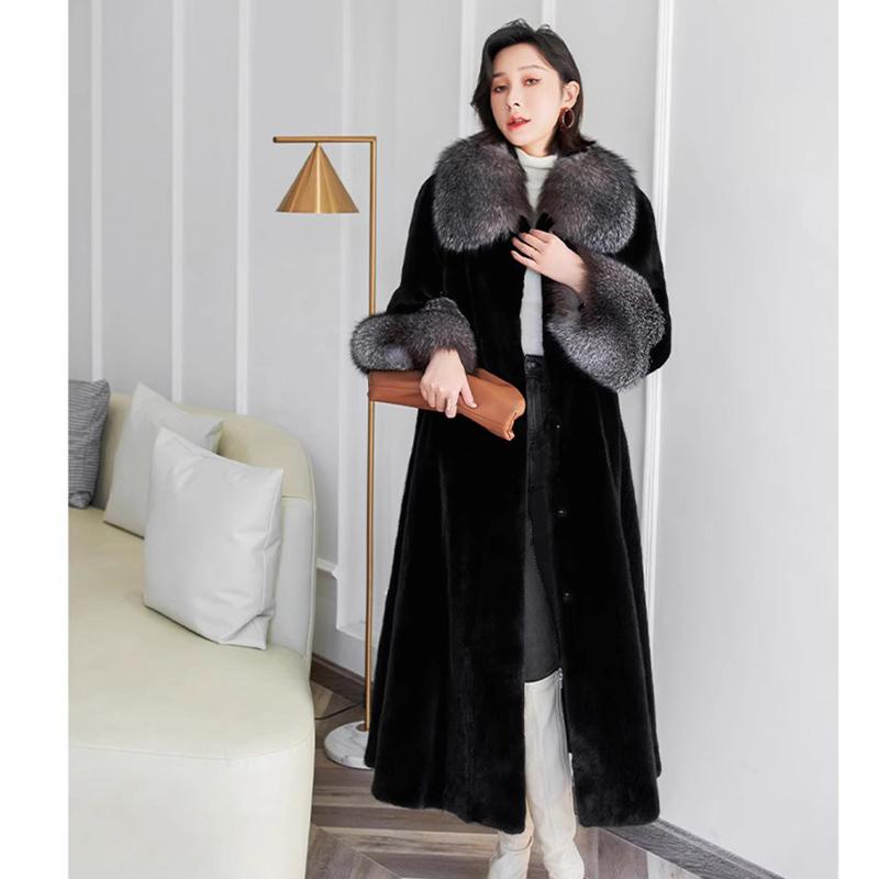 Women's Faux Fox Collar Long Velvet Mink Coat Women's Mink Fur Coat Casual Warmth