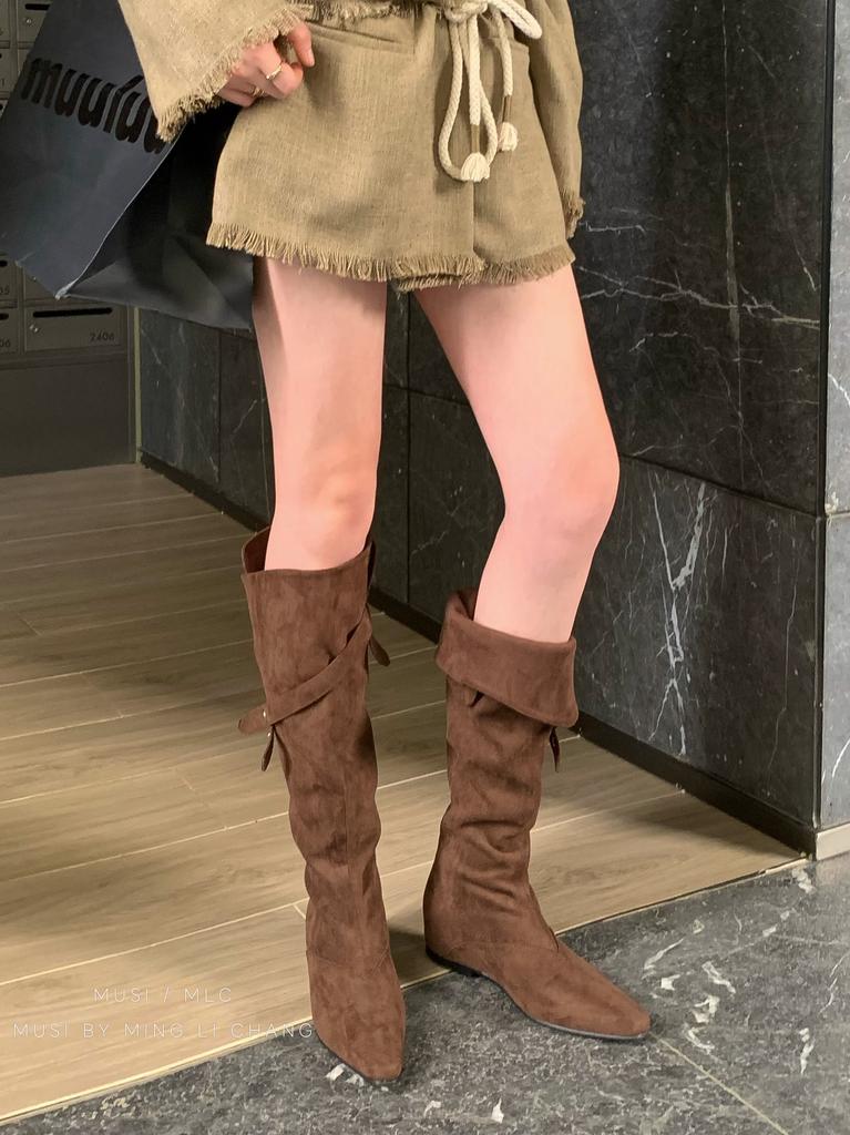 [] Retro pointed inner heightening high knight boots new two wear pile boots western high boots