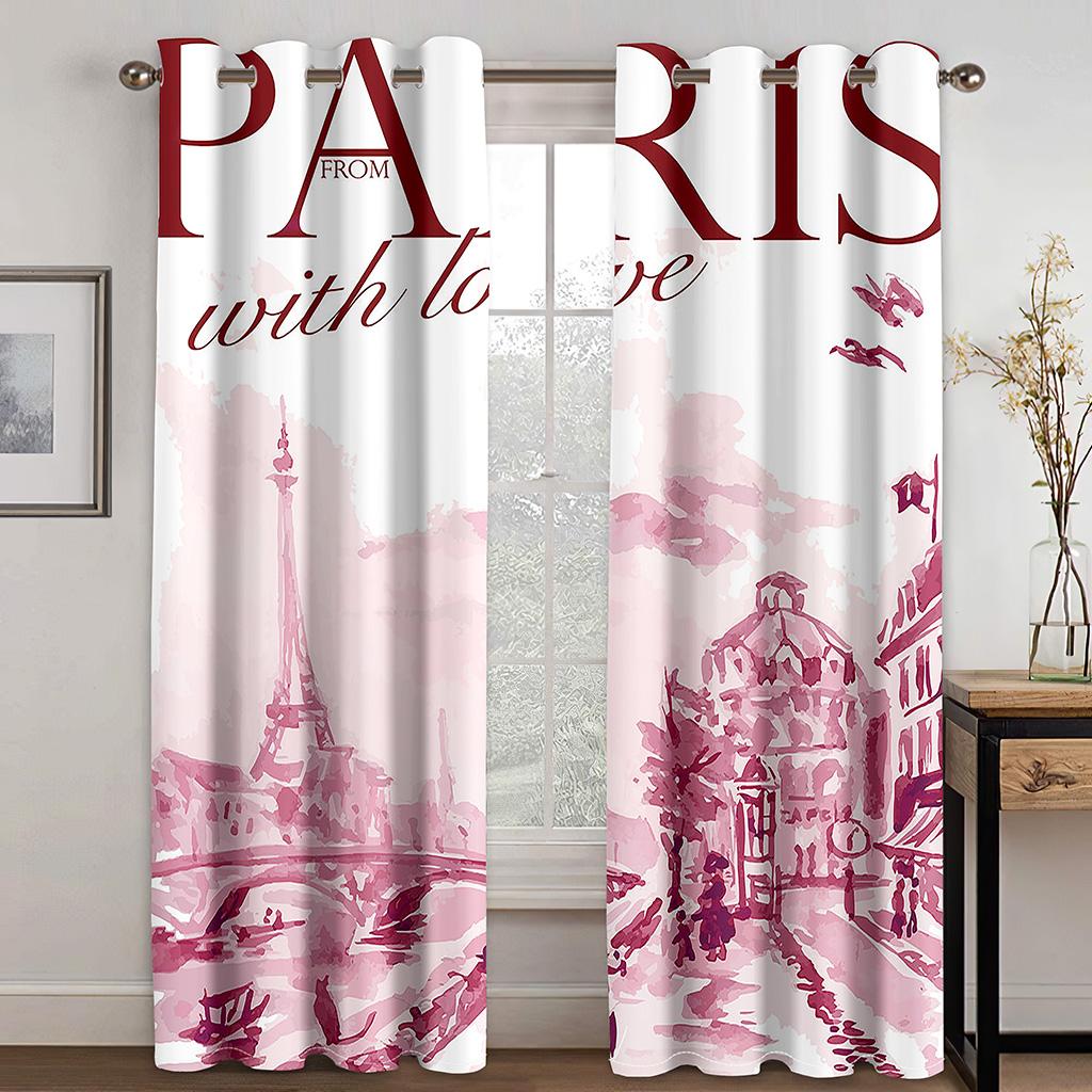 Cartoon Romantic Pink Paris Effiel Tower GirlWindow Curtains Drapes for Kids Bedroom Living Room Kitchen Door Home Decor 2Pieces